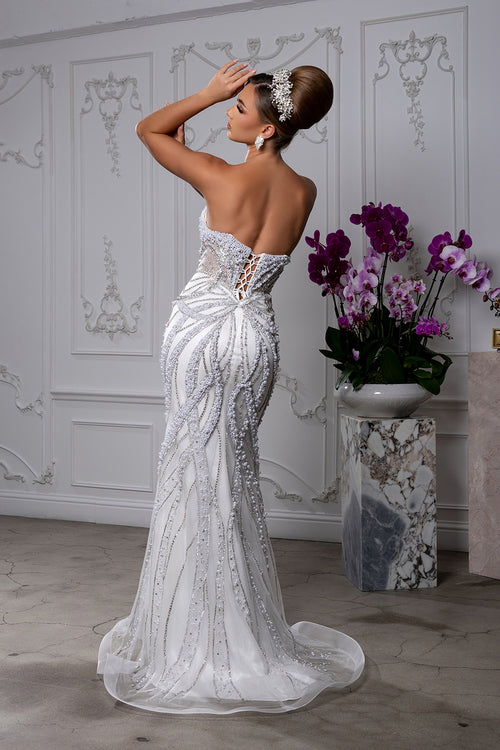 White Strapless Sweetheart Wedding Dress with Illusion Corset Back & Train by Royal Queen RQ8266