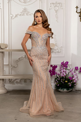 Off-Shoulder Sweetheart Sheer Corset Rhinestone Beaded Mermaid Prom Dress by Royal Queen RQ8267