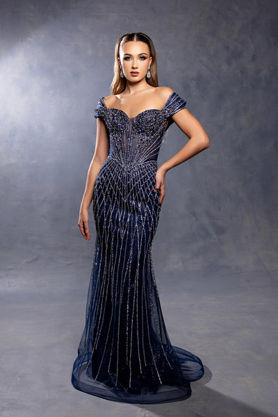 Off-Shoulder Sweetheart Sheer Corset Rhinestone Beaded Mermaid Prom Dress by Royal Queen RQ8267