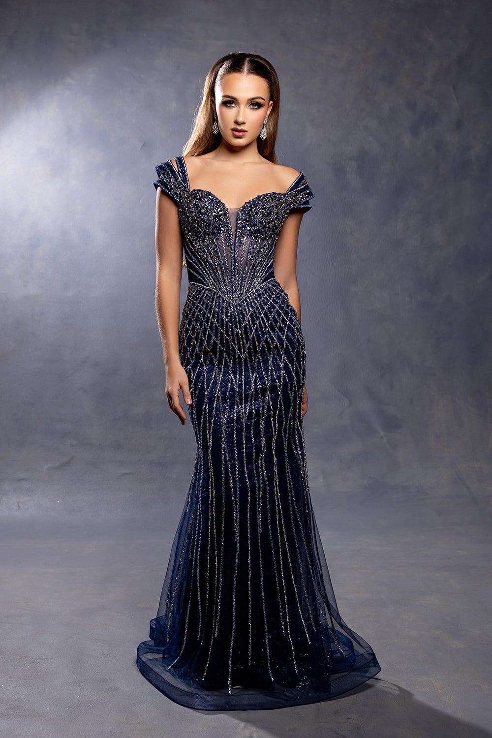 Off-Shoulder Sweetheart Sheer Corset Rhinestone Beaded Mermaid Prom Dress by Royal Queen RQ8267