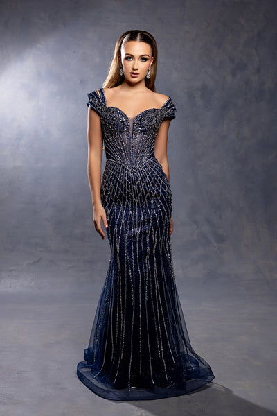 Off-Shoulder Sweetheart Sheer Corset Rhinestone Beaded Mermaid Prom Dress by Royal Queen RQ8267