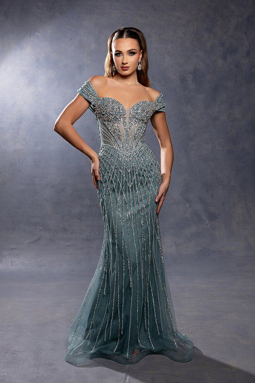 Off-Shoulder Sweetheart Sheer Corset Rhinestone Beaded Mermaid Prom Dress by Royal Queen RQ8267