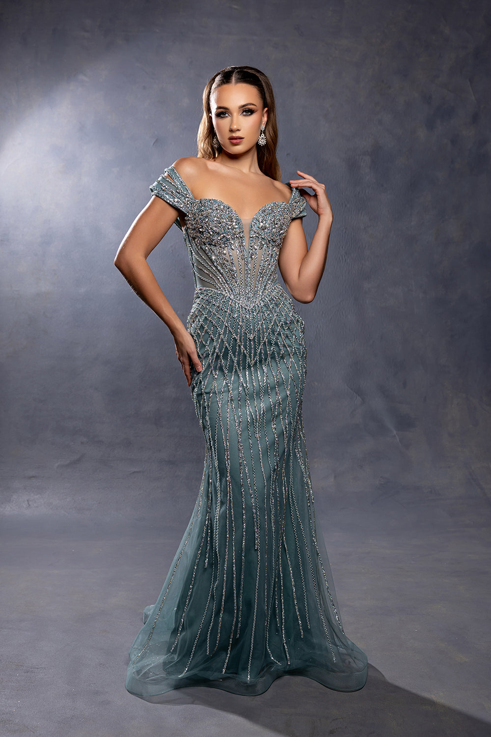 Off-Shoulder Sweetheart Sheer Corset Rhinestone Beaded Mermaid Prom Dress by Royal Queen RQ8267