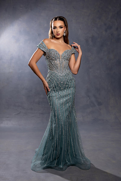 Off-Shoulder Sweetheart Sheer Corset Rhinestone Beaded Mermaid Prom Dress by Royal Queen RQ8267