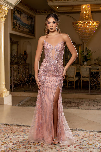 Strapless Deep V-Neck Illusion Crystal Beaded Sheath Gown with High Slit by Royal Queen RQ8268