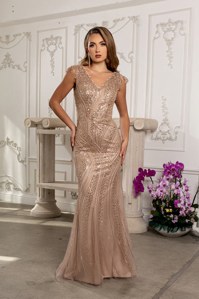 Beaded Sequin Column Evening Gown with Cap Sleeves and V-Neckline by Royal Queen RQ8269