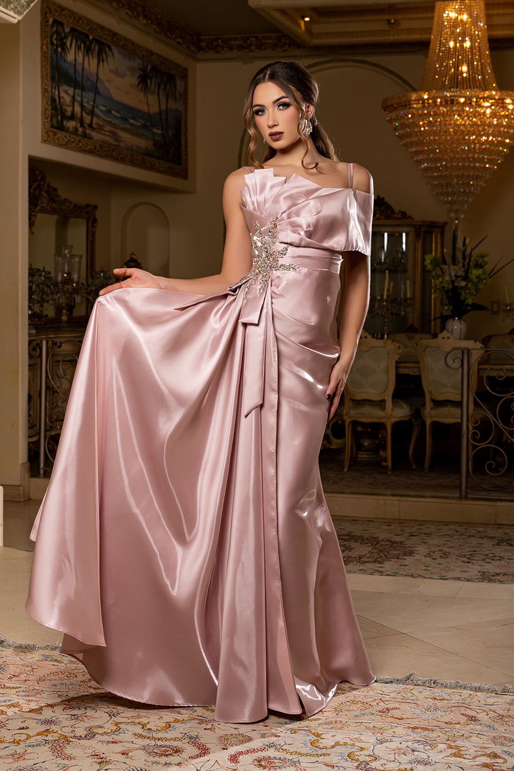 Off-Shoulder Satin A-Line Evening Gown with Crystal Embellishment by Royal Queen RQ8270