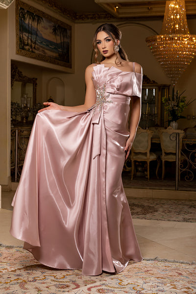 Off-Shoulder Satin A-Line Evening Gown with Crystal Embellishment by Royal Queen RQ8270