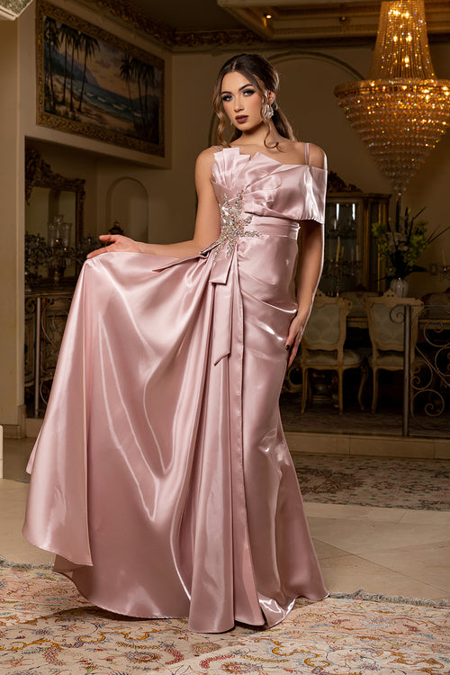 Off-Shoulder Satin A-Line Evening Gown with Crystal Embellishment by Royal Queen RQ8270