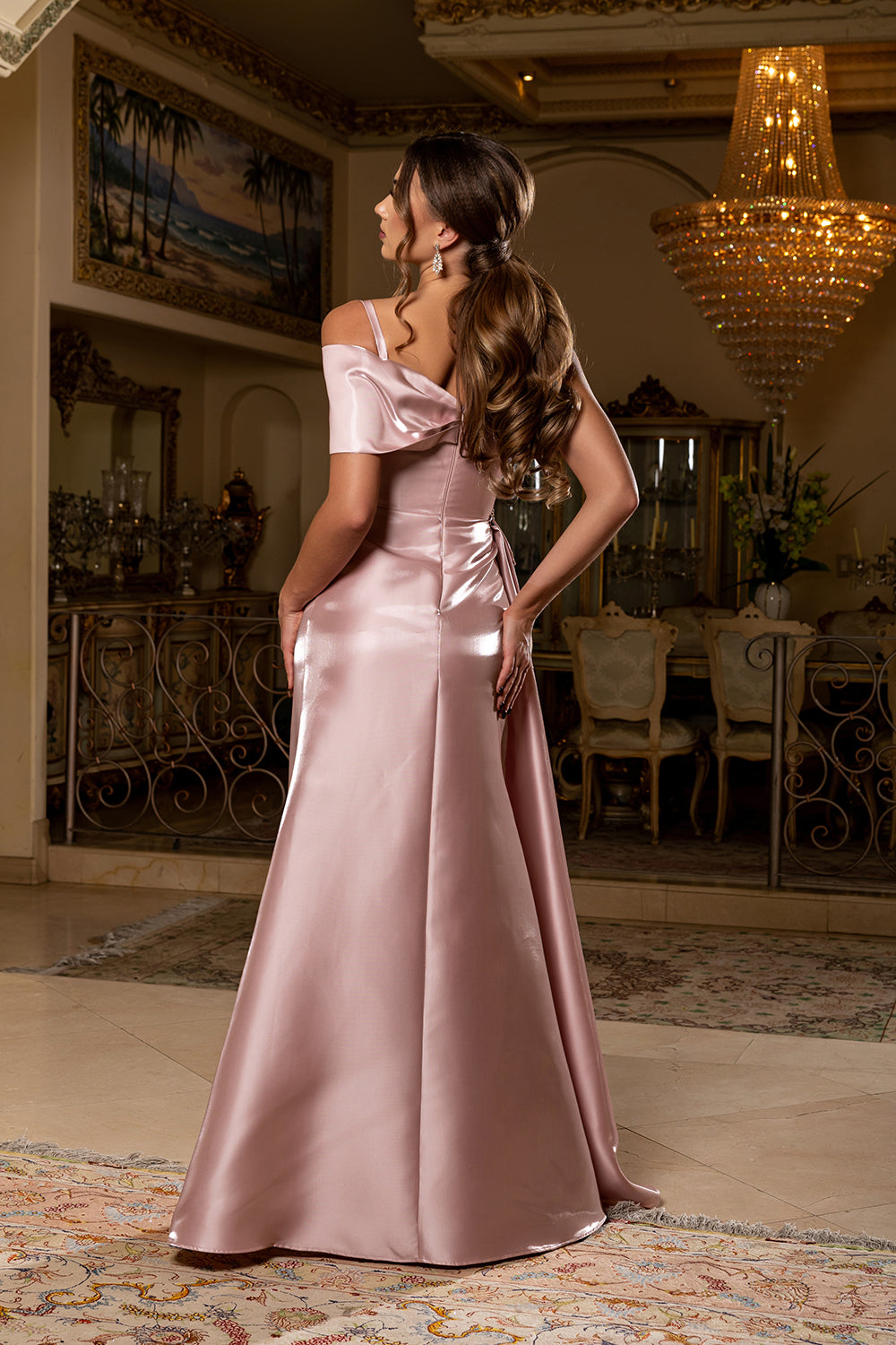 Off-Shoulder Satin A-Line Evening Gown with Crystal Embellishment by Royal Queen RQ8270
