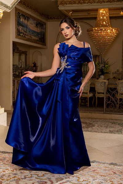 Off-Shoulder Satin A-Line Evening Gown with Crystal Embellishment by Royal Queen RQ8270