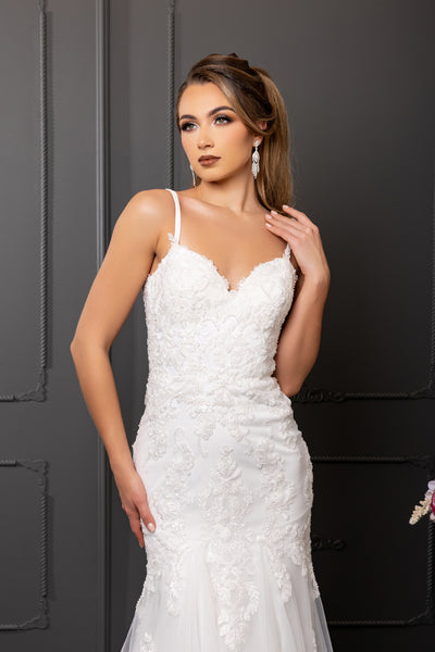 Sweetheart Spaghetti Strap Embroidered Lace Appliqué Mermaid Wedding Gown by Royal Queen RQ8271