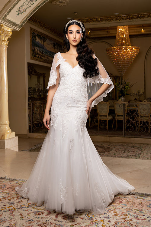 Sweetheart Spaghetti Strap Embroidered Lace Appliqué Mermaid Wedding Gown by Royal Queen RQ8271