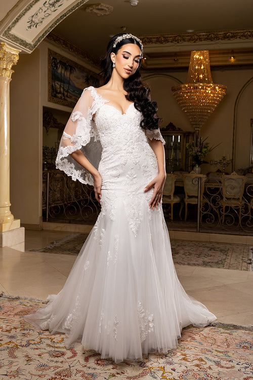 Sweetheart Spaghetti Strap Embroidered Lace Appliqué Mermaid Wedding Gown by Royal Queen RQ8271