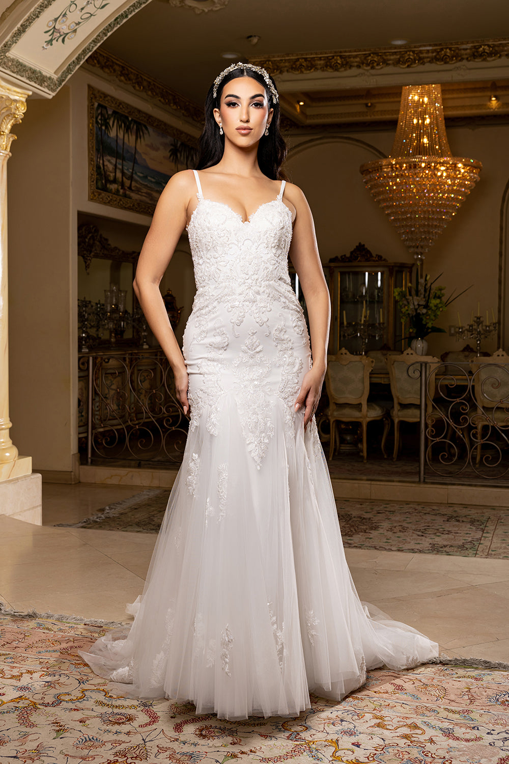 Sweetheart Spaghetti Strap Embroidered Lace Appliqué Mermaid Wedding Gown by Royal Queen RQ8271