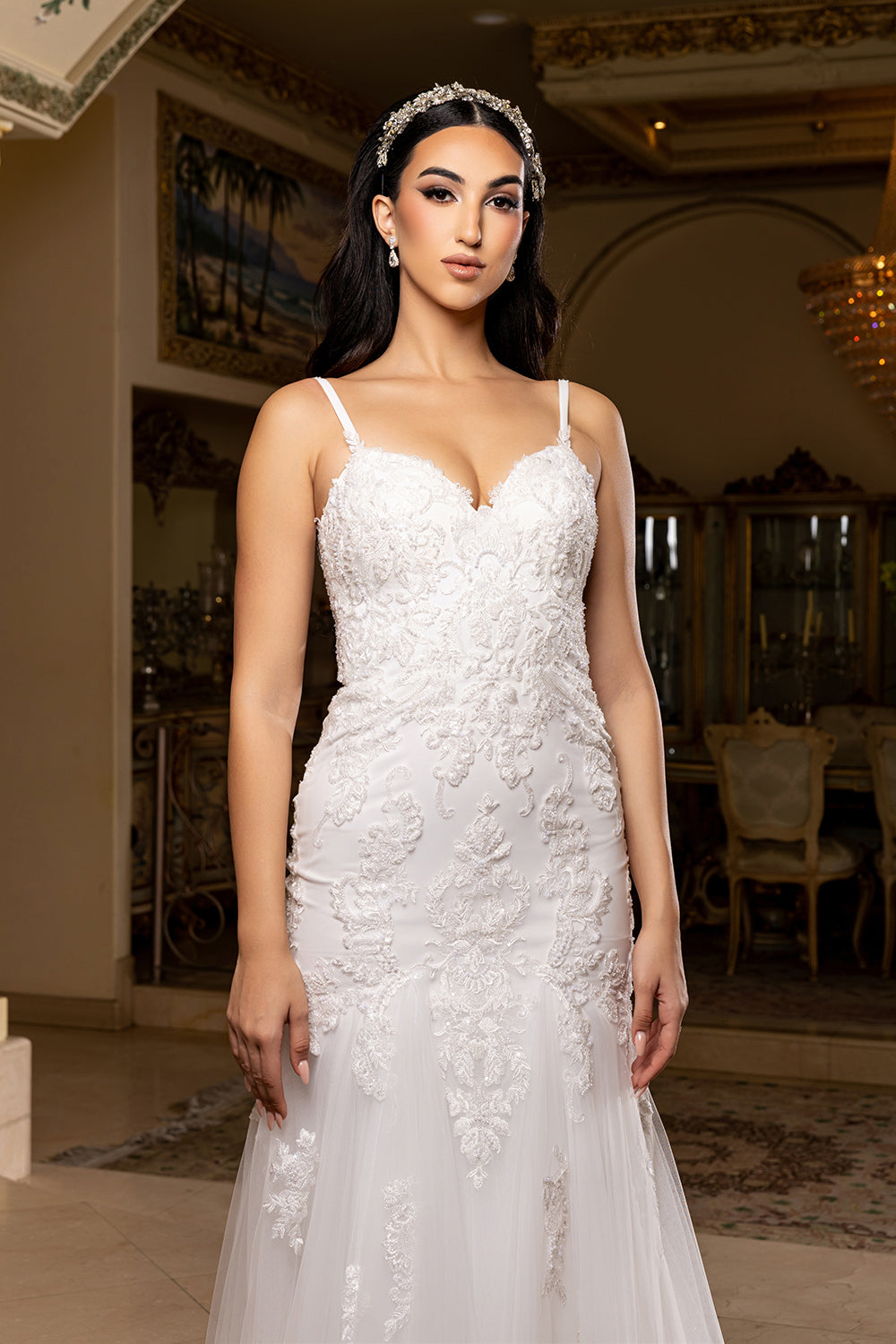Sweetheart Spaghetti Strap Embroidered Lace Appliqué Mermaid Wedding Gown by Royal Queen RQ8271