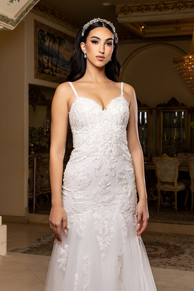Sweetheart Spaghetti Strap Embroidered Lace Appliqué Mermaid Wedding Gown by Royal Queen RQ8271