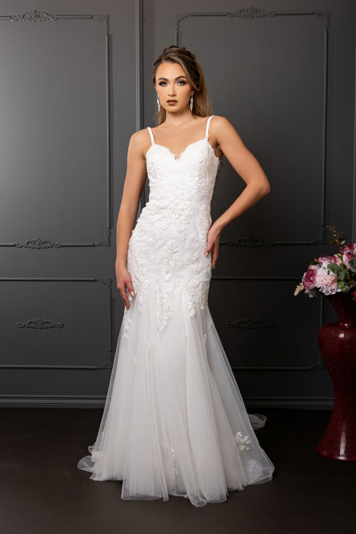 Sweetheart Spaghetti Strap Embroidered Lace Appliqué Mermaid Wedding Gown by Royal Queen RQ8271