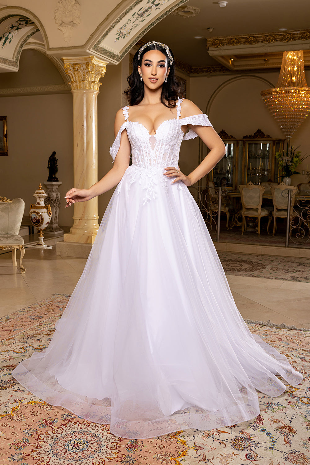 Off-Shoulder Embellished Strap Corset Lace Appliqué A-Line Bridal Gown by Royal Queen RQ8272