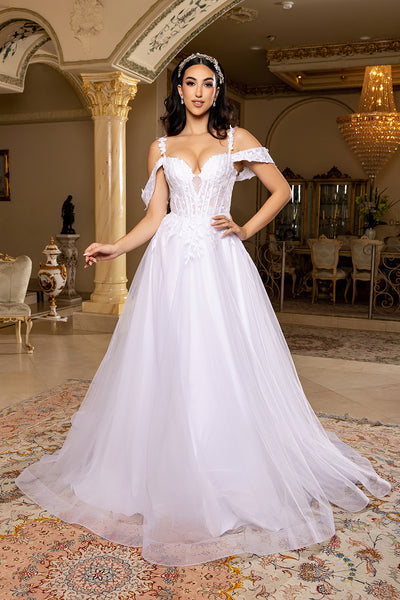 Off-Shoulder Embellished Strap Corset Lace Appliqué A-Line Bridal Gown by Royal Queen RQ8272