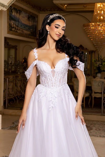 Off-Shoulder Embellished Strap Corset Lace Appliqué A-Line Bridal Gown by Royal Queen RQ8272