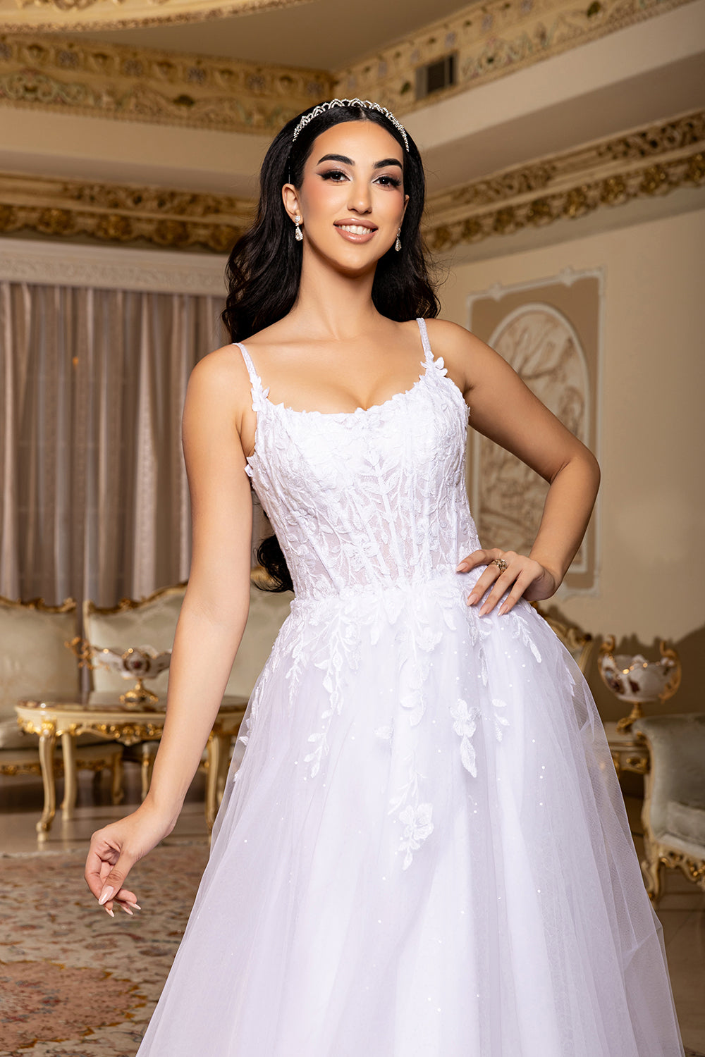 Corset Glitter Tulle 3D Floral Lace Appliqué A-Line Bridal Gown by Royal Queen RQ8273