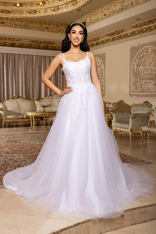 Corset Glitter Tulle 3D Floral Lace Appliqué A-Line Bridal Gown by Royal Queen RQ8273
