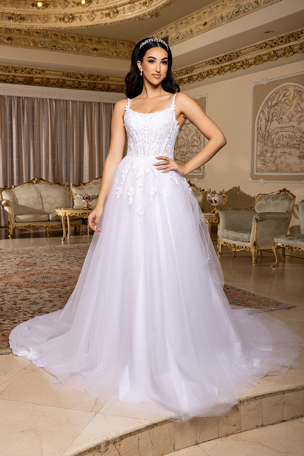 Corset Glitter Tulle 3D Floral Lace Appliqué A-Line Bridal Gown by Royal Queen RQ8273