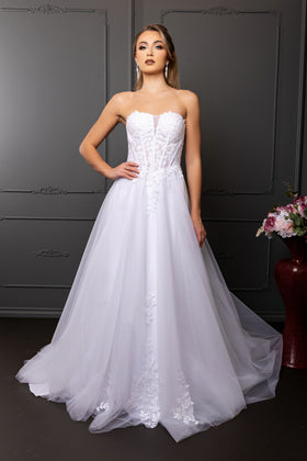 Strapless Illusion Plunging Corset Floral Lace Appliqué A-Line Wedding Gown by Royal Queen RQ8274