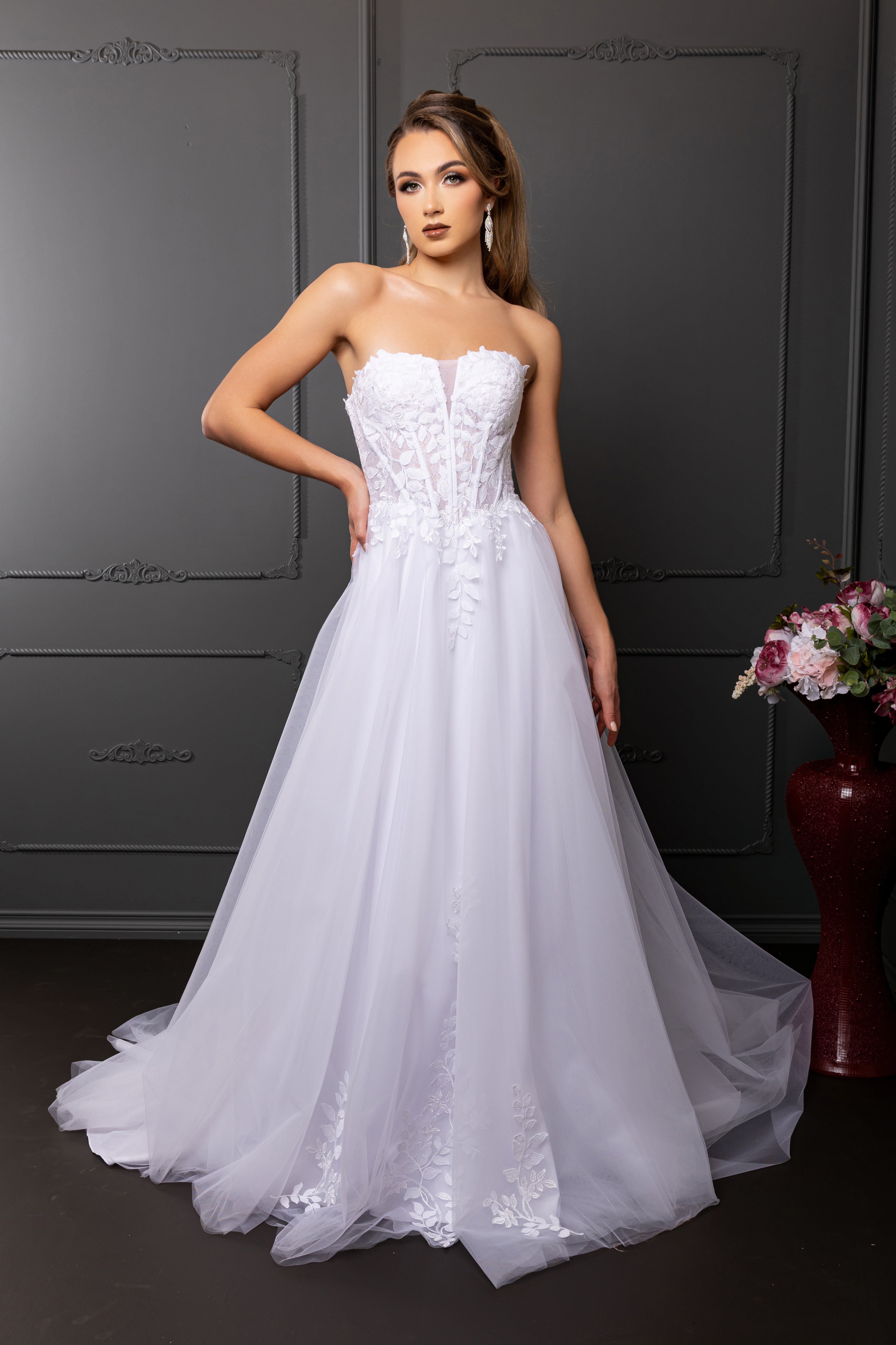 Strapless Illusion Plunging Corset Floral Lace Appliqué A-Line Wedding Gown by Royal Queen RQ8274