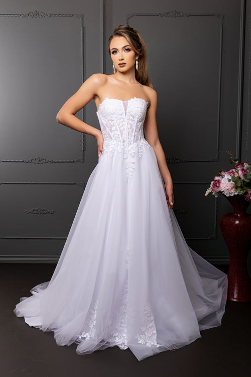 Strapless Illusion Plunging Corset Floral Lace Appliqué A-Line Wedding Gown by Royal Queen RQ8274