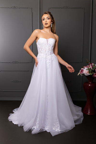Strapless Illusion Plunging Corset Floral Lace Appliqué A-Line Wedding Gown by Royal Queen RQ8274