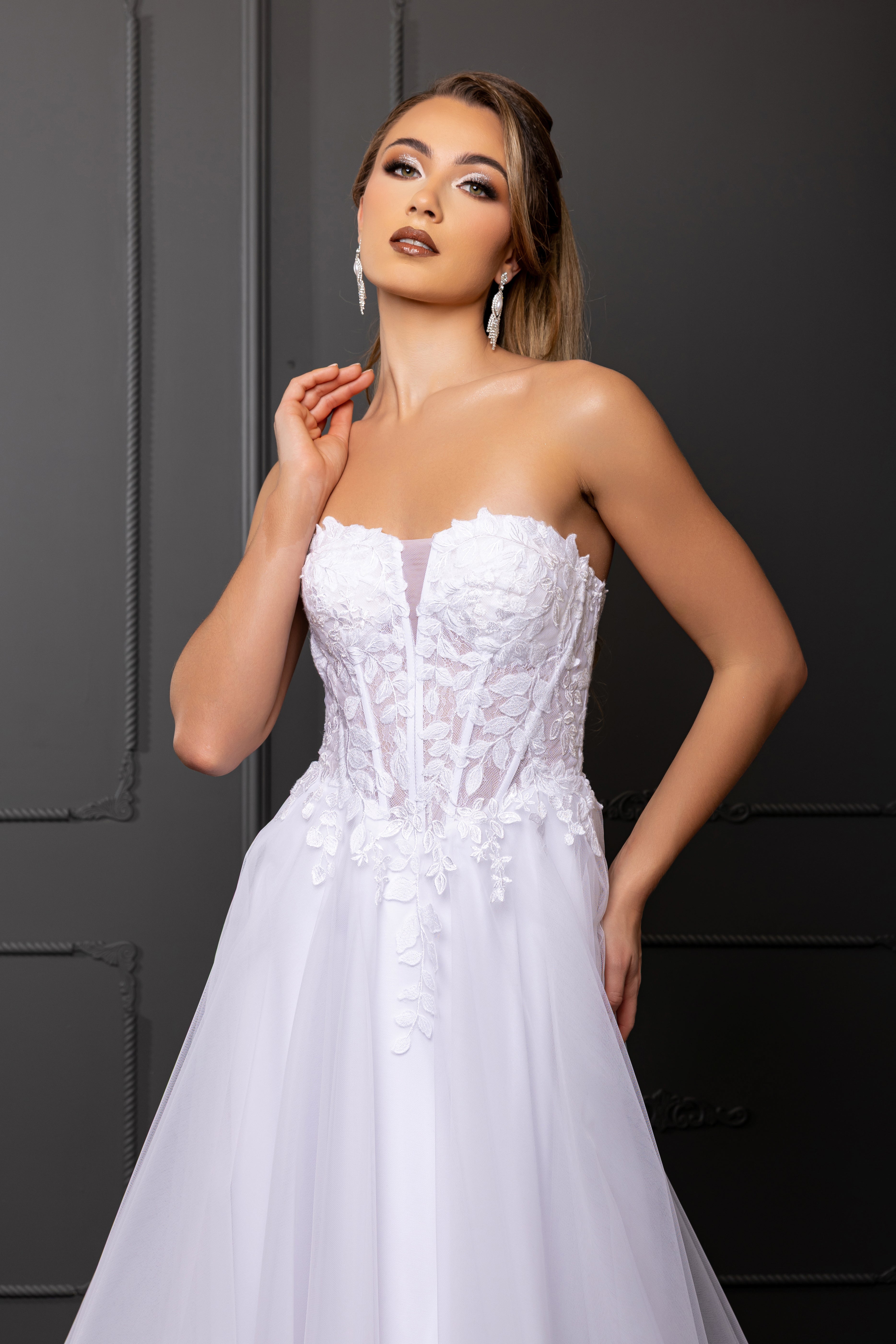 Strapless Illusion Plunging Corset Floral Lace Appliqué A-Line Wedding Gown by Royal Queen RQ8274