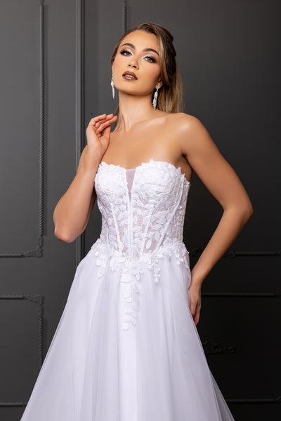 Strapless Illusion Plunging Corset Floral Lace Appliqué A-Line Wedding Gown by Royal Queen RQ8274
