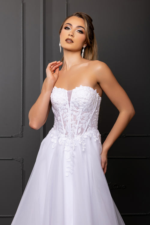 Strapless Illusion Plunging Corset Floral Lace Appliqué A-Line Wedding Gown by Royal Queen RQ8274