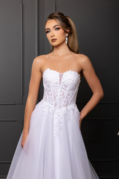 Strapless Illusion Plunging Corset Floral Lace Appliqué A-Line Wedding Gown by Royal Queen RQ8274