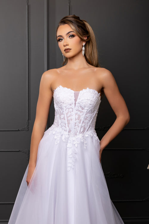 Strapless Illusion Plunging Corset Floral Lace Appliqué A-Line Wedding Gown by Royal Queen RQ8274