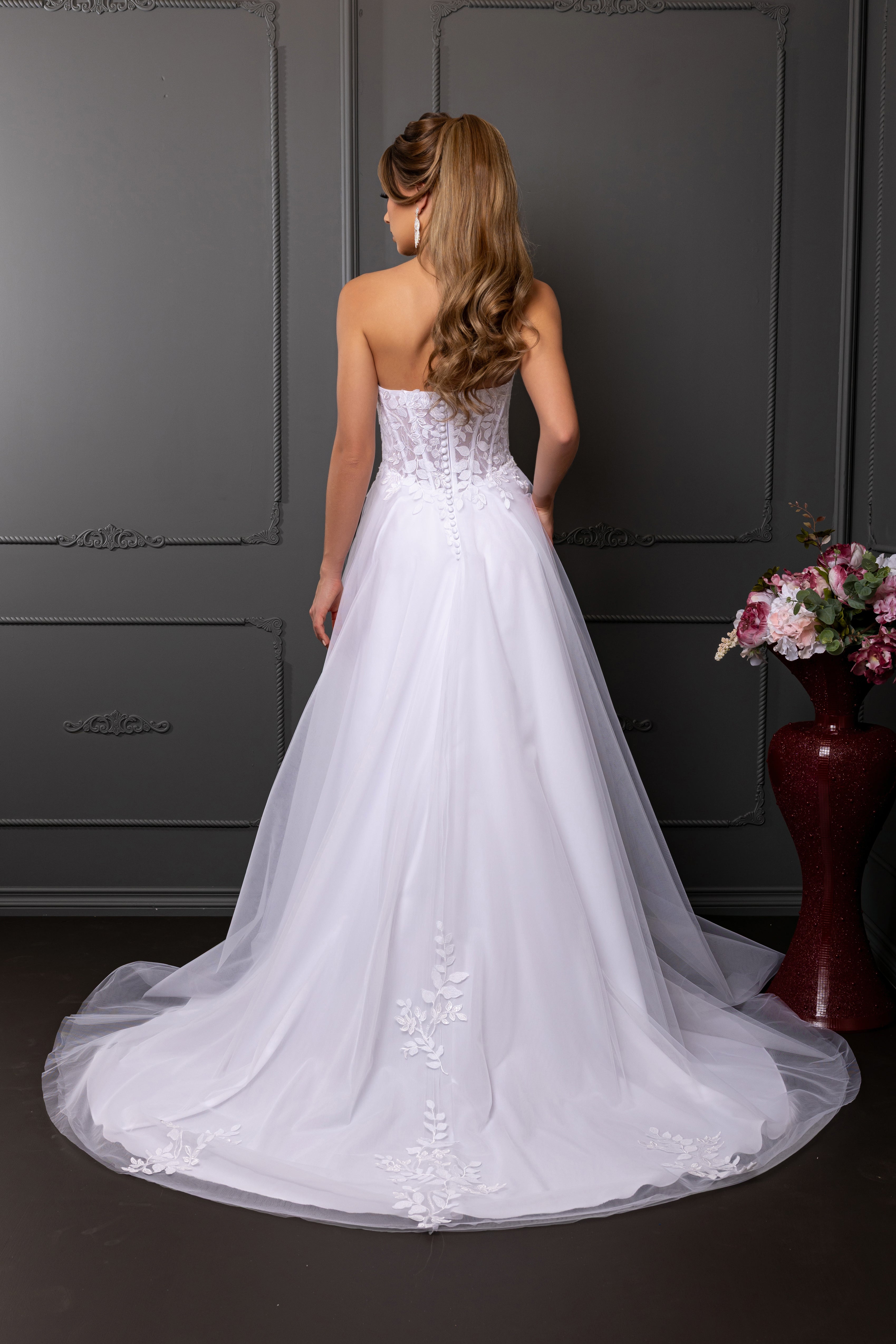 Strapless Illusion Plunging Corset Floral Lace Appliqué A-Line Wedding Gown by Royal Queen RQ8274