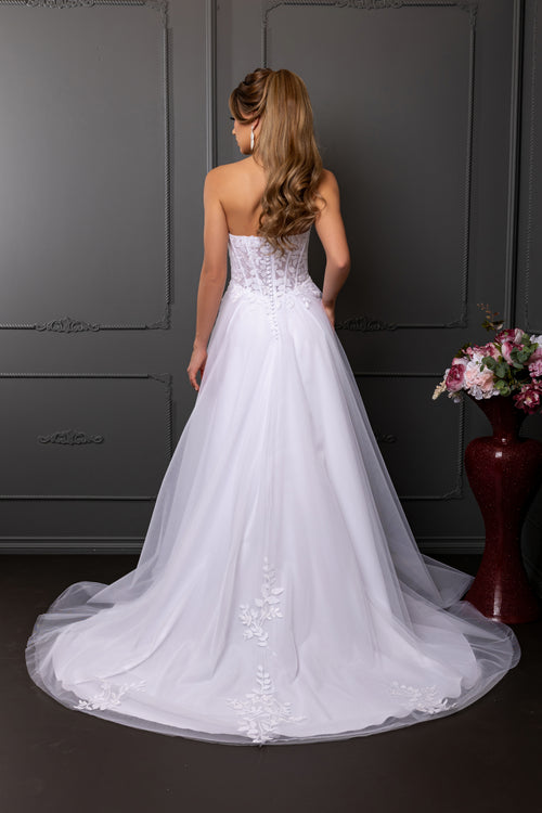Strapless Illusion Plunging Corset Floral Lace Appliqué A-Line Wedding Gown by Royal Queen RQ8274