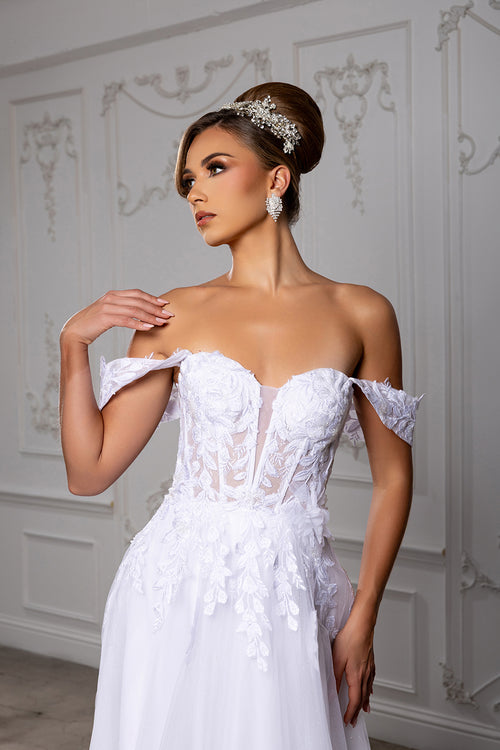 Off-Shoulder Illusion Plunge Corset Floral Lace Appliqué A-Line Wedding Gown by Royal Queen RQ8275
