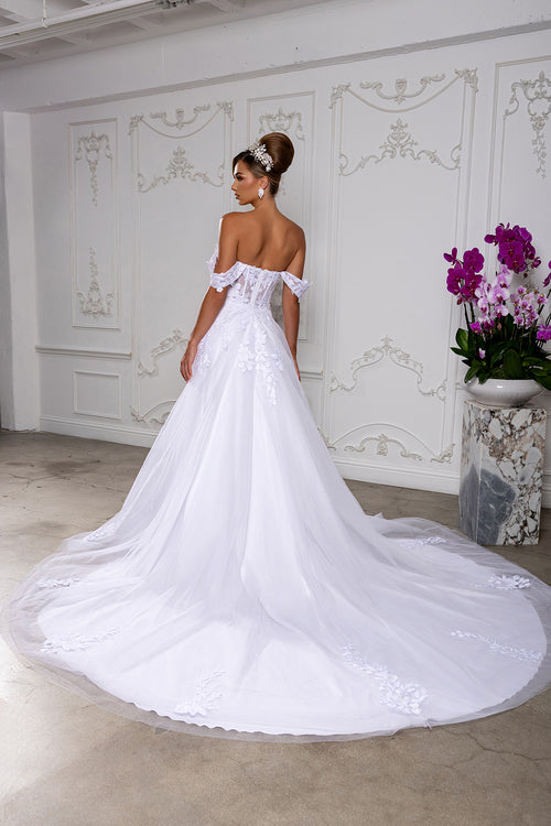 Off-Shoulder Illusion Plunge Corset Floral Lace Appliqué A-Line Wedding Gown by Royal Queen RQ8275