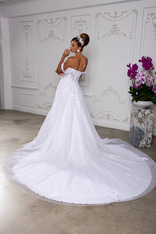 Off-Shoulder Illusion Plunge Corset Floral Lace Appliqué A-Line Wedding Gown by Royal Queen RQ8275