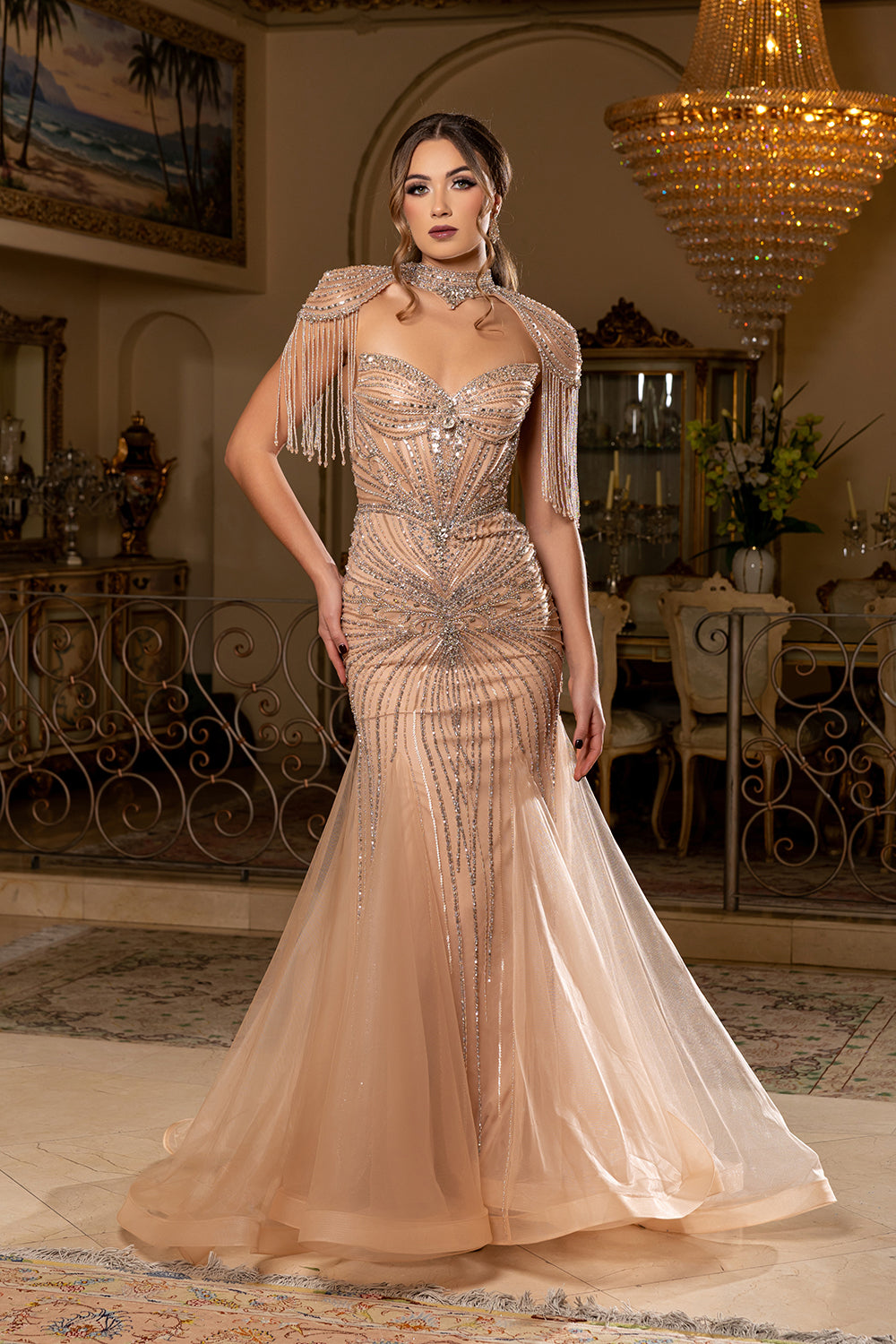 Sweetheart Strapless Crystal Fringe Epaulette All-Over Beaded Mermaid Gown by Royal Queen RQ8276