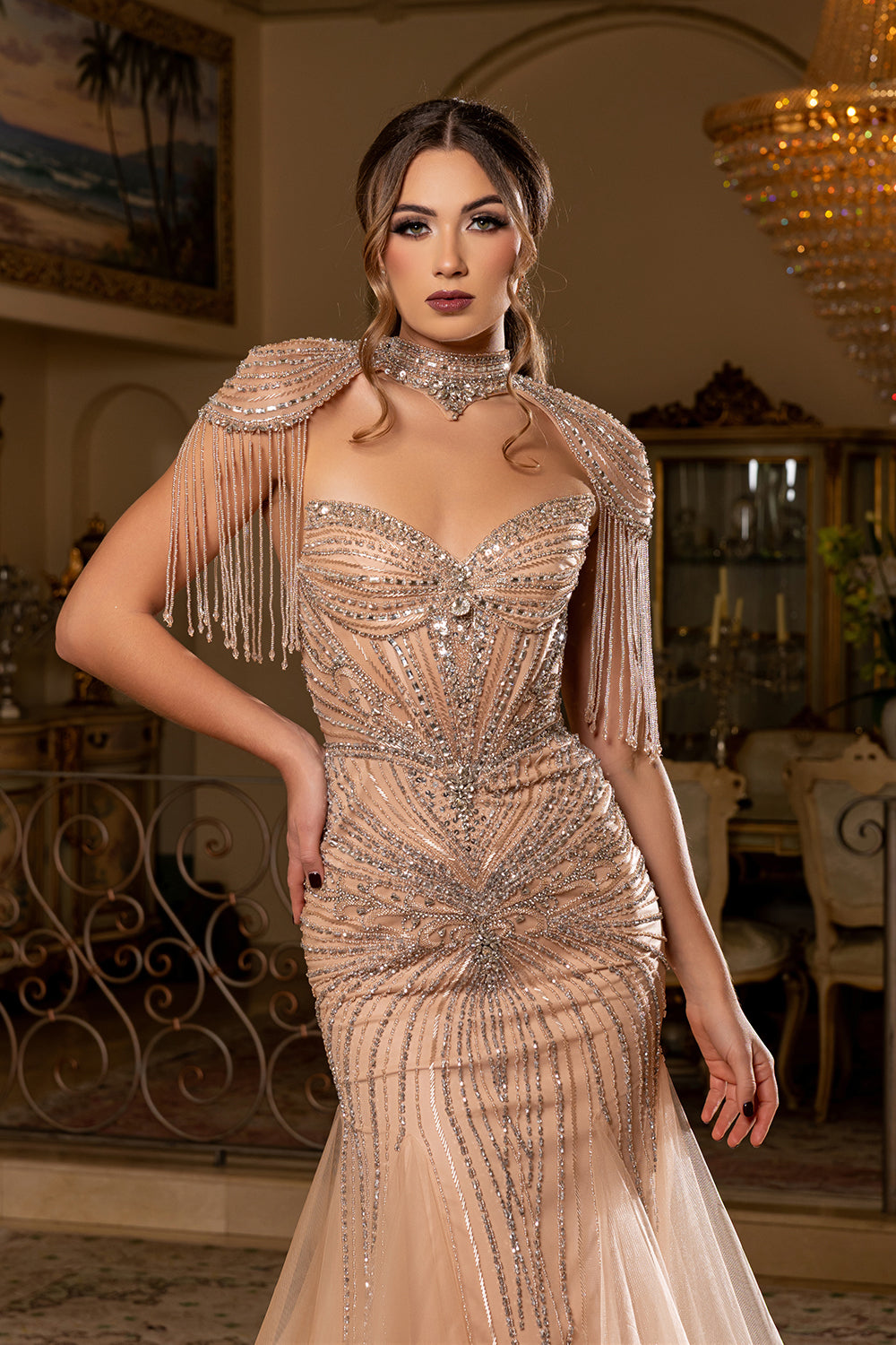 Sweetheart Strapless Crystal Fringe Epaulette All-Over Beaded Mermaid Gown by Royal Queen RQ8276