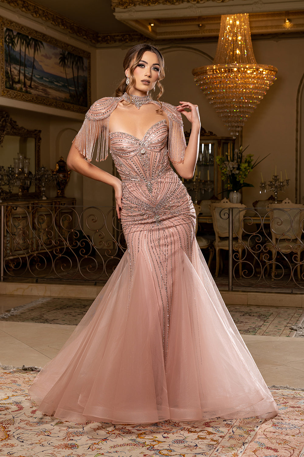Sweetheart Strapless Crystal Fringe Epaulette All-Over Beaded Mermaid Gown by Royal Queen RQ8276