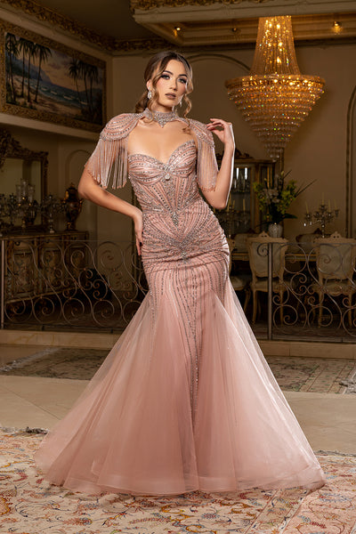 Sweetheart Strapless Crystal Fringe Epaulette All-Over Beaded Mermaid Gown by Royal Queen RQ8276