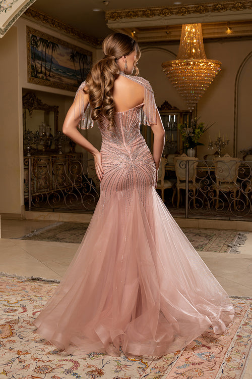 Sweetheart Strapless Crystal Fringe Epaulette All-Over Beaded Mermaid Gown by Royal Queen RQ8276