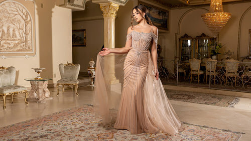 Cold-Shoulder Sweetheart Corset Beaded Fringe Mermaid Detachable Cape by Royal Queen RQ8277
