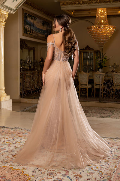 Cold-Shoulder Sweetheart Corset Beaded Fringe Mermaid Detachable Cape by Royal Queen RQ8277