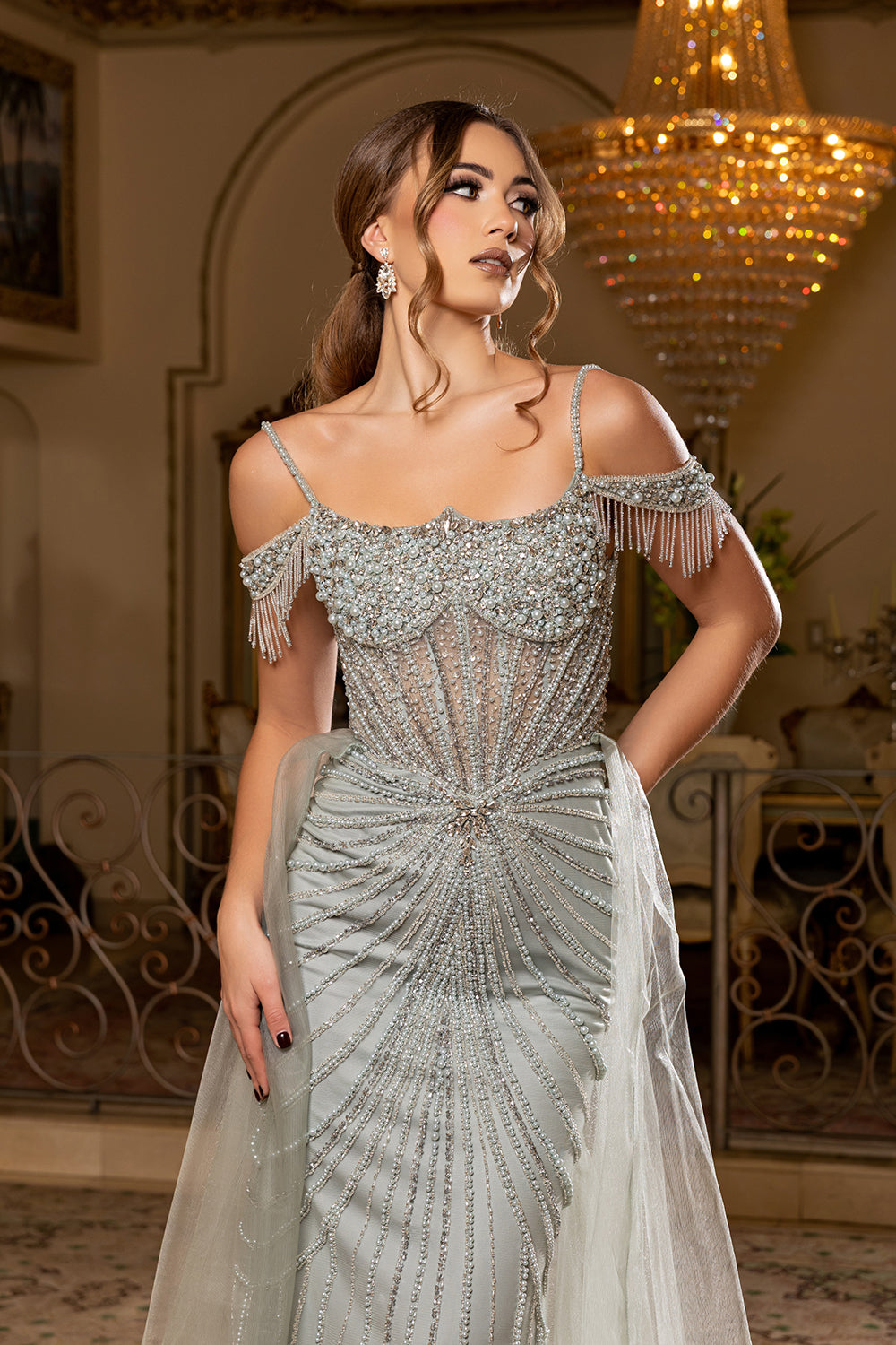 Cold-Shoulder Sweetheart Corset Beaded Fringe Mermaid Detachable Cape by Royal Queen RQ8277